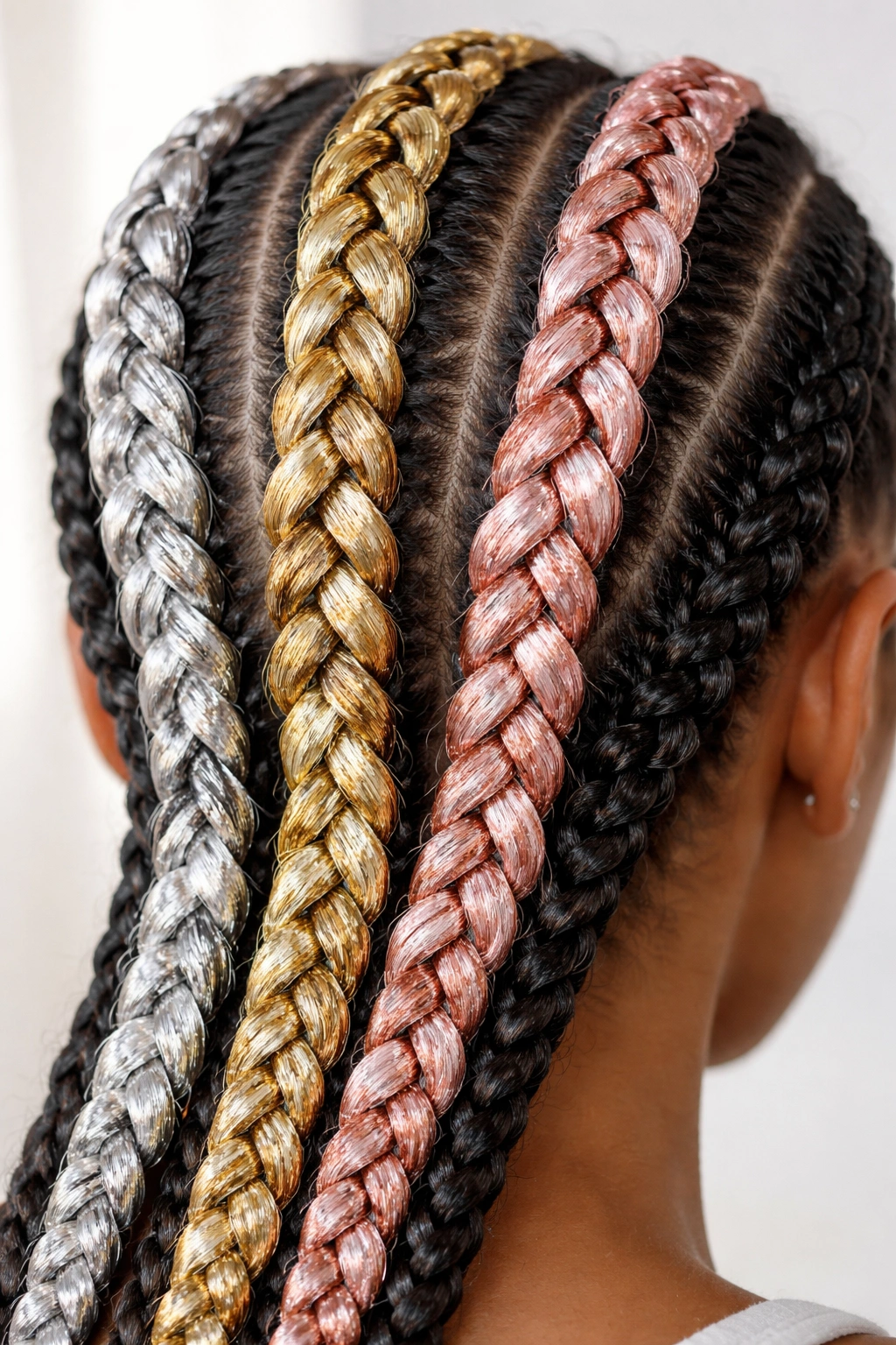 Three braids with metallic color extensions shimmering in studio light
