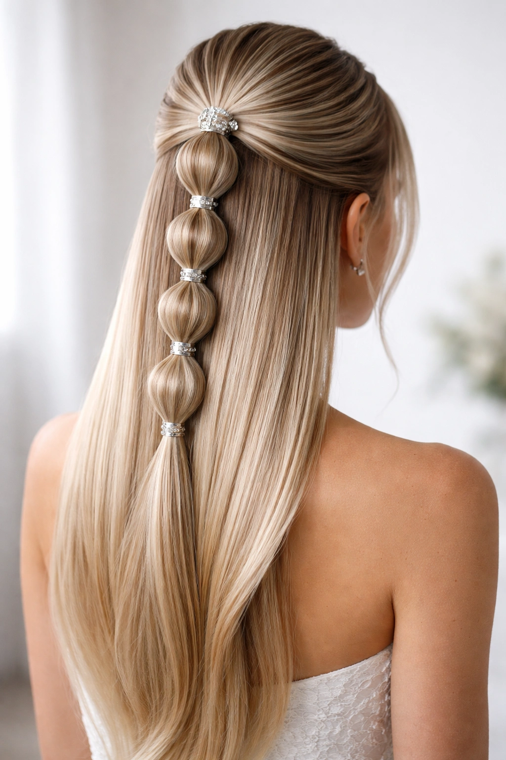 Sleek metallic bubble braid half up with metallic accents