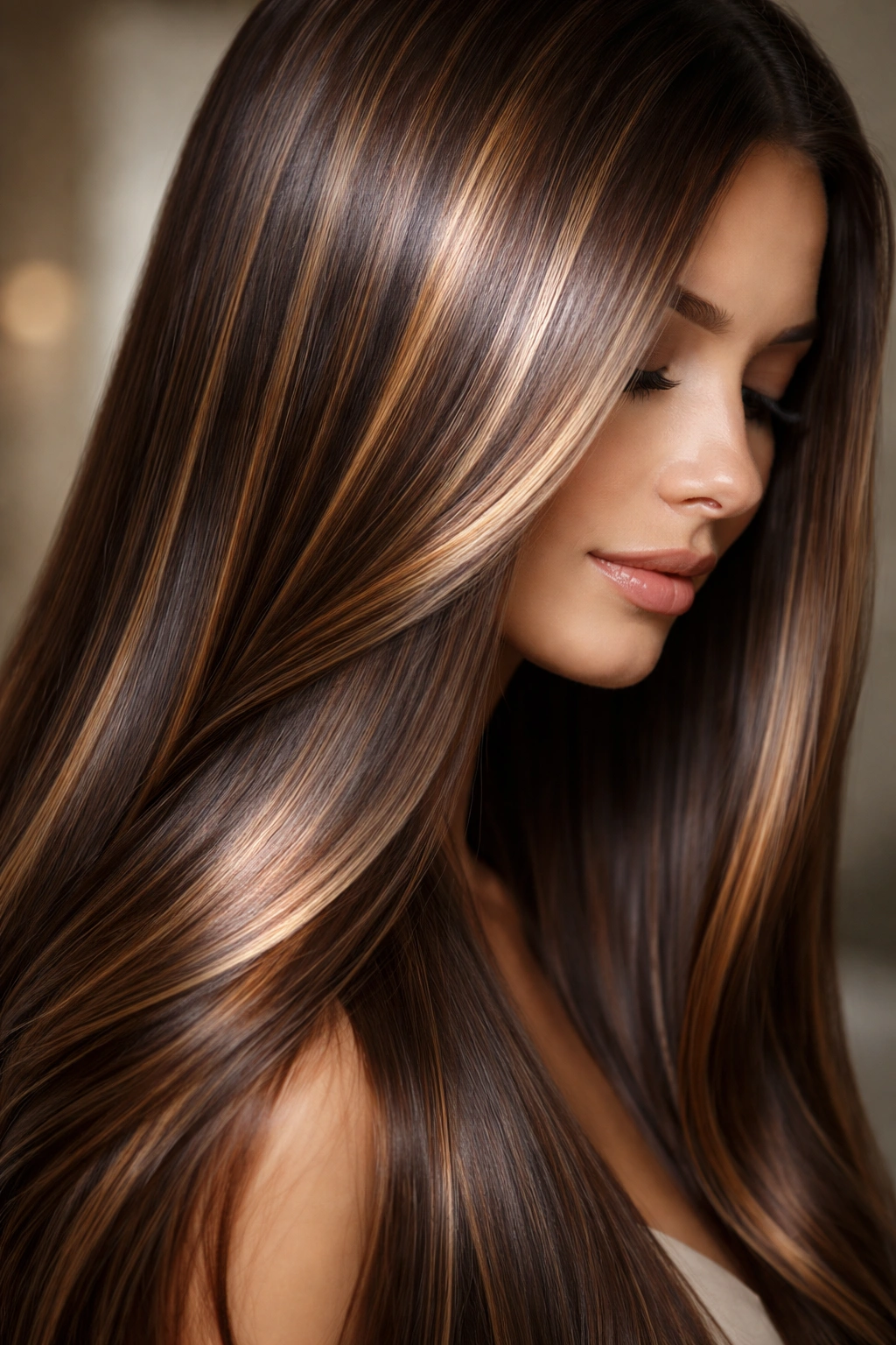 Straight hair with metallic caramel highlights shimmering under light