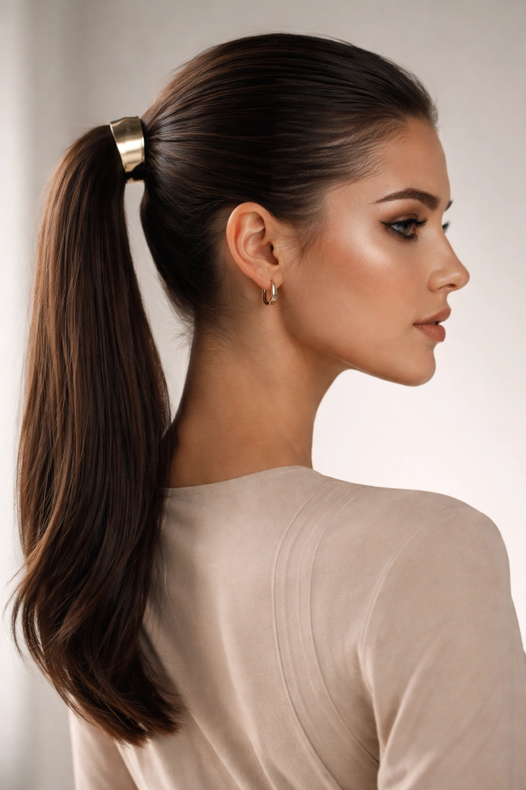 Mid ponytail secured with a metallic cuff at the base