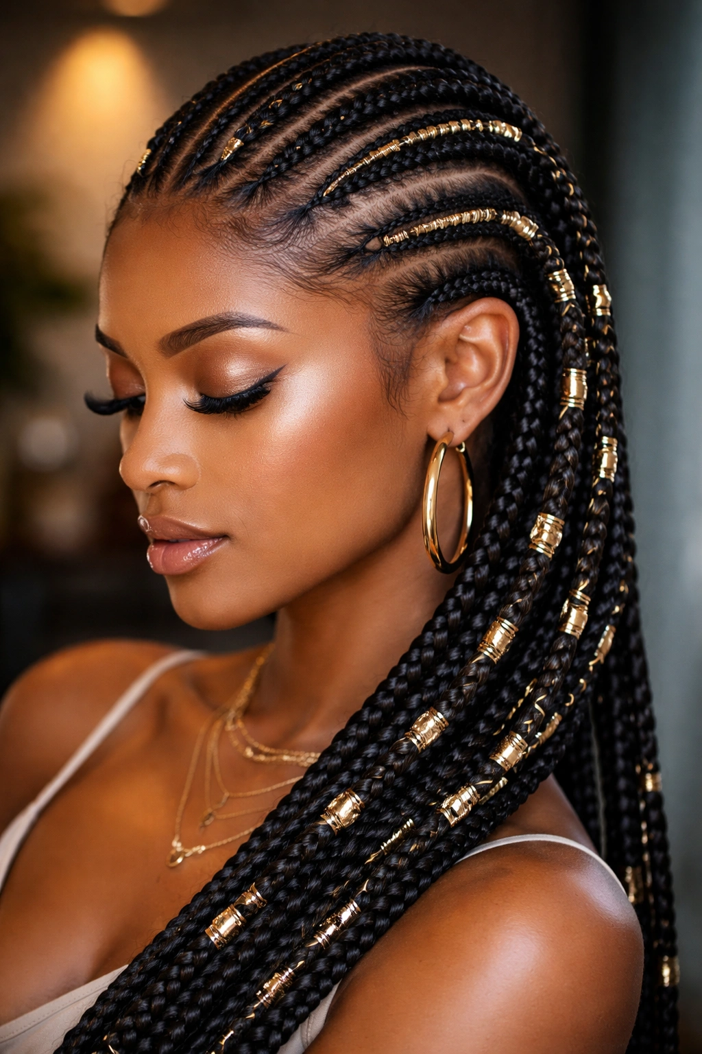 Feed-in cornrows adorned with metallic accents reflecting light