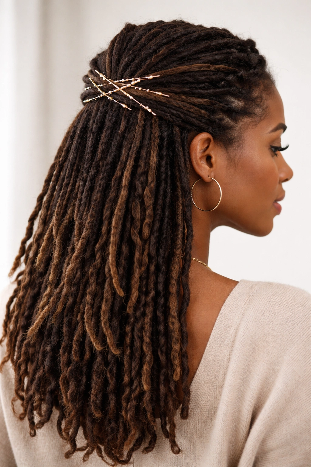 Close-up of a half-up hairstyle secured with metallic pins and clips on medium locs