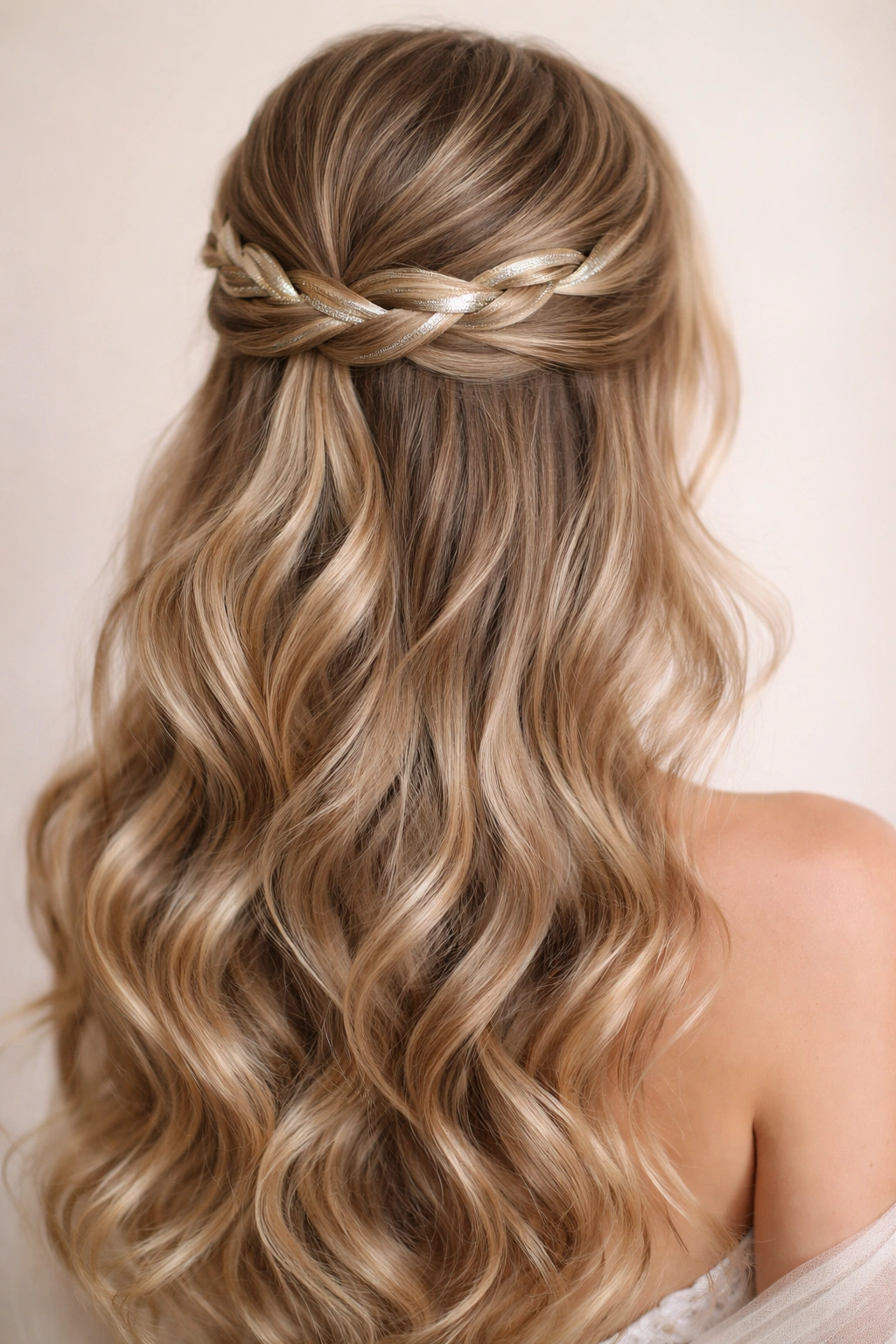 Close-up of metallic ribbon woven through a half updo with reflective ribbon