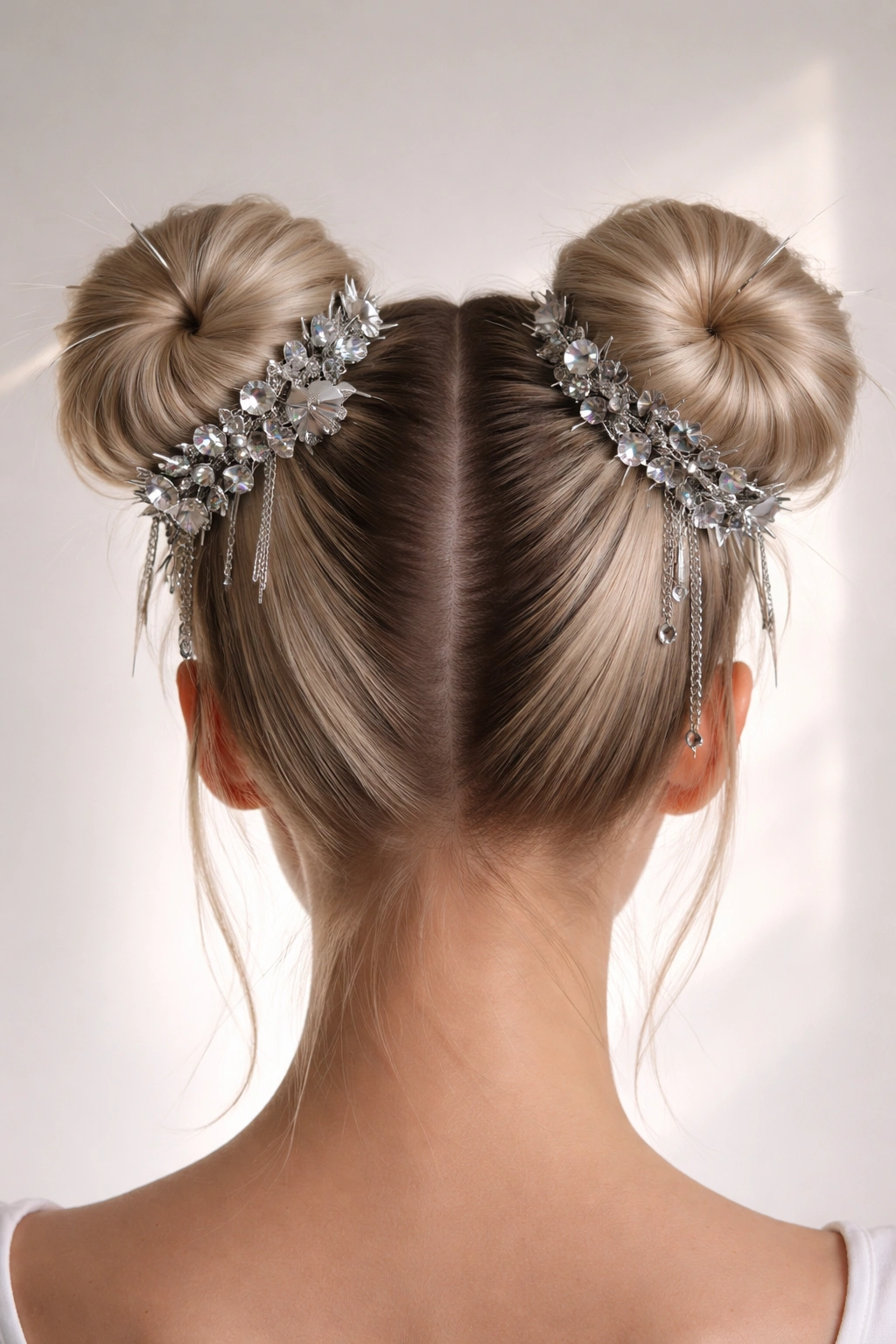 Space buns with metallic pins reflecting light against a neutral background