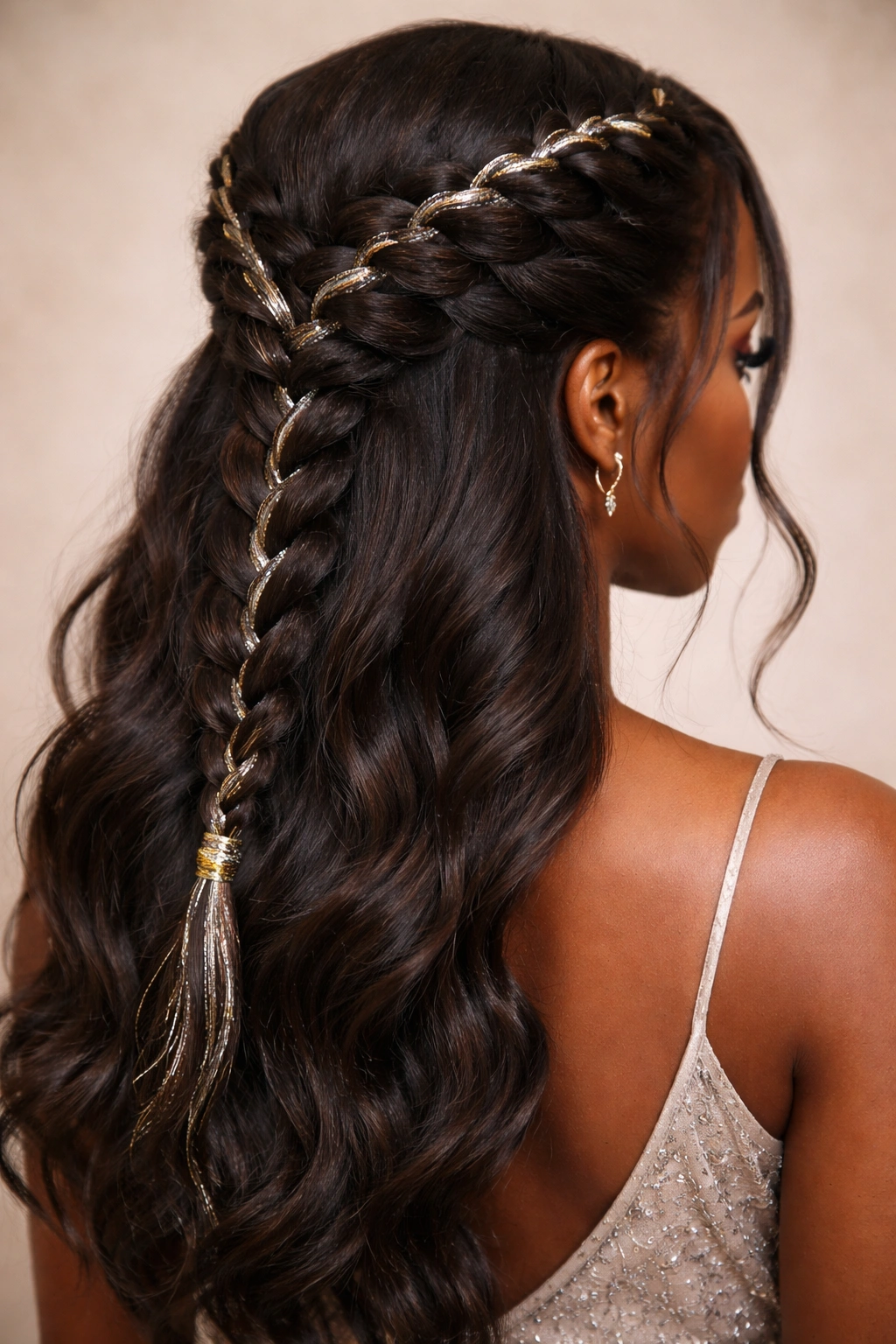 Close-up of a metallic-threaded Dutch braid half up catching light