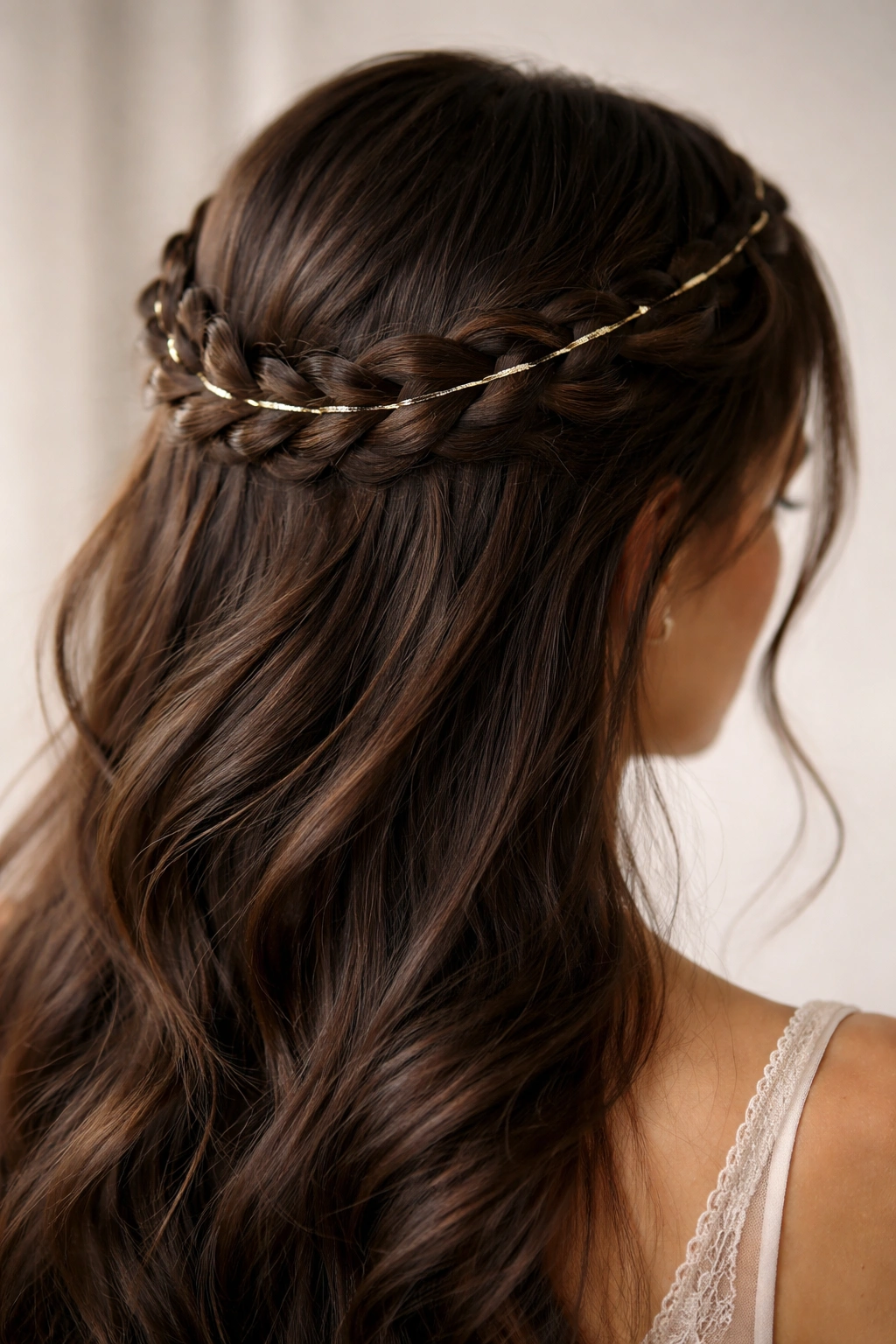 Close-up of a crown braid with a metallic thread woven through, shimmering on dark hair