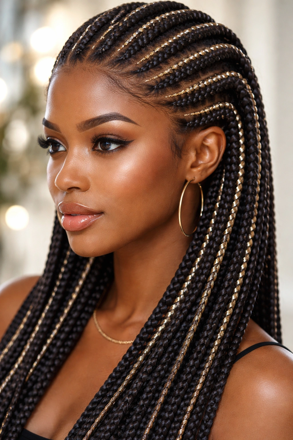 Ghana braids with metallic thread woven through for shimmer