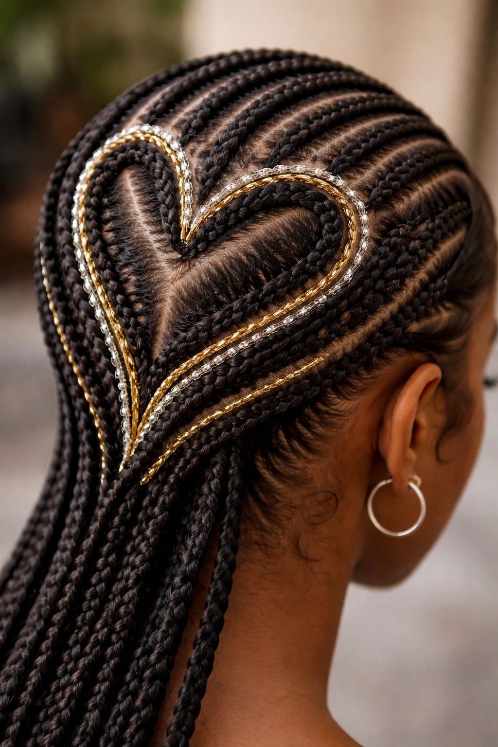 Close-up of heart shapes outlined with metallic gold and silver threads on cornrows