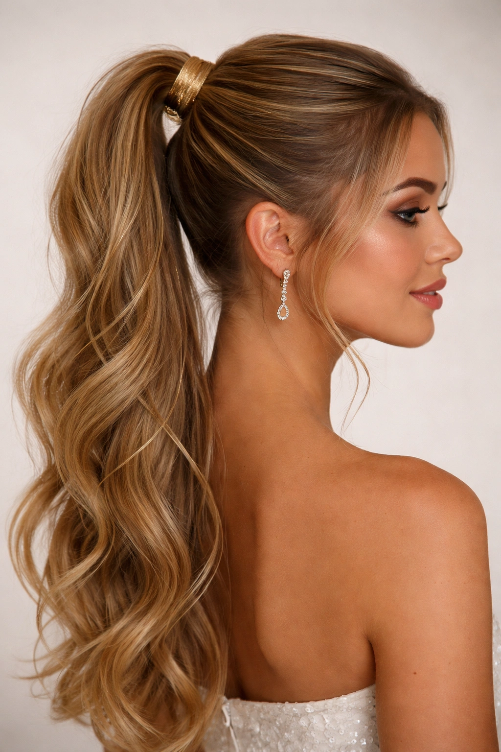 Close-up of a high ponytail with metallic gold threads wrapped at the base