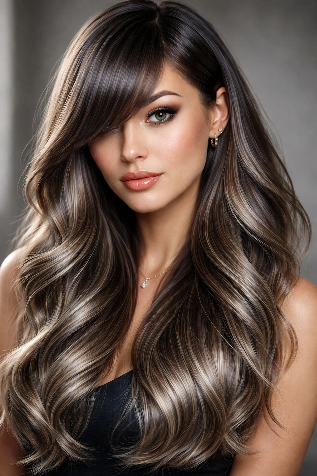 Head-and-shoulders view of metallic-waved hair with razor-sharp bangs.