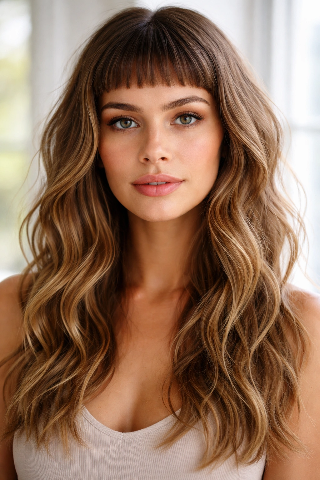 Short micro bangs with high forehead and soft beach waves