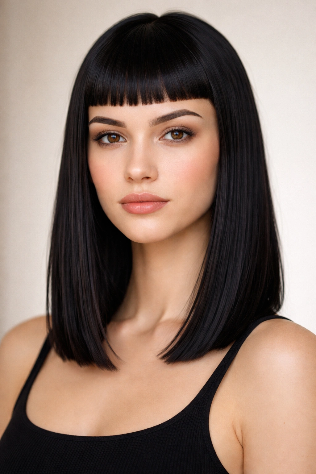 Portrait of micro bangs with a straight blunt cut on fine hair