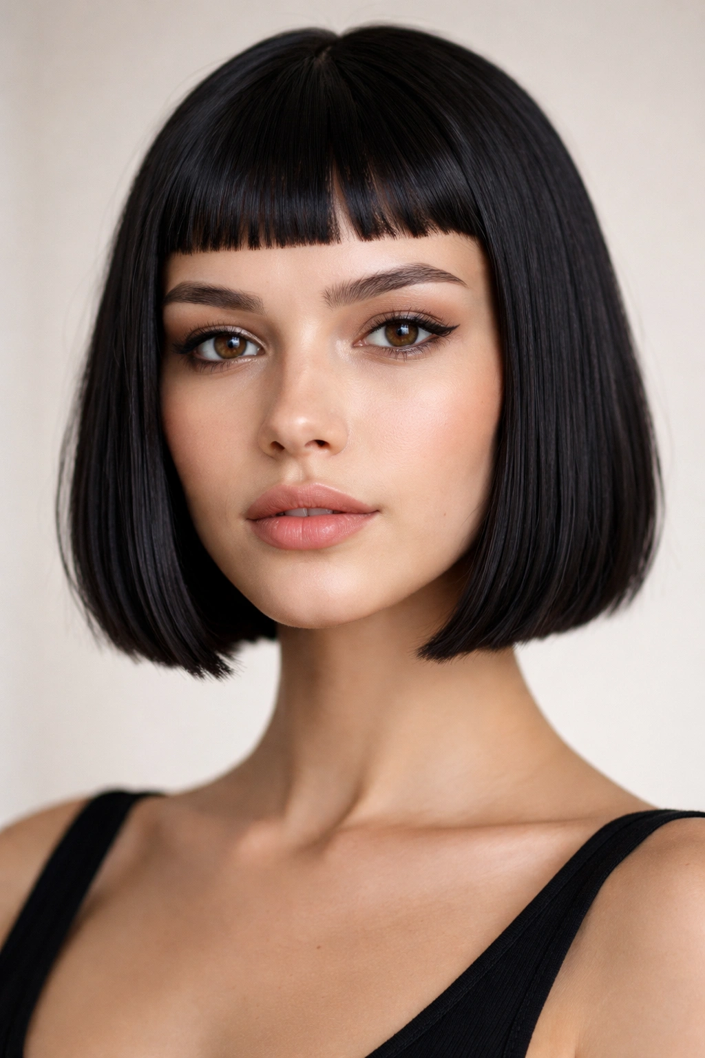 Close-up of chin-length bob with micro bangs on straight hair.