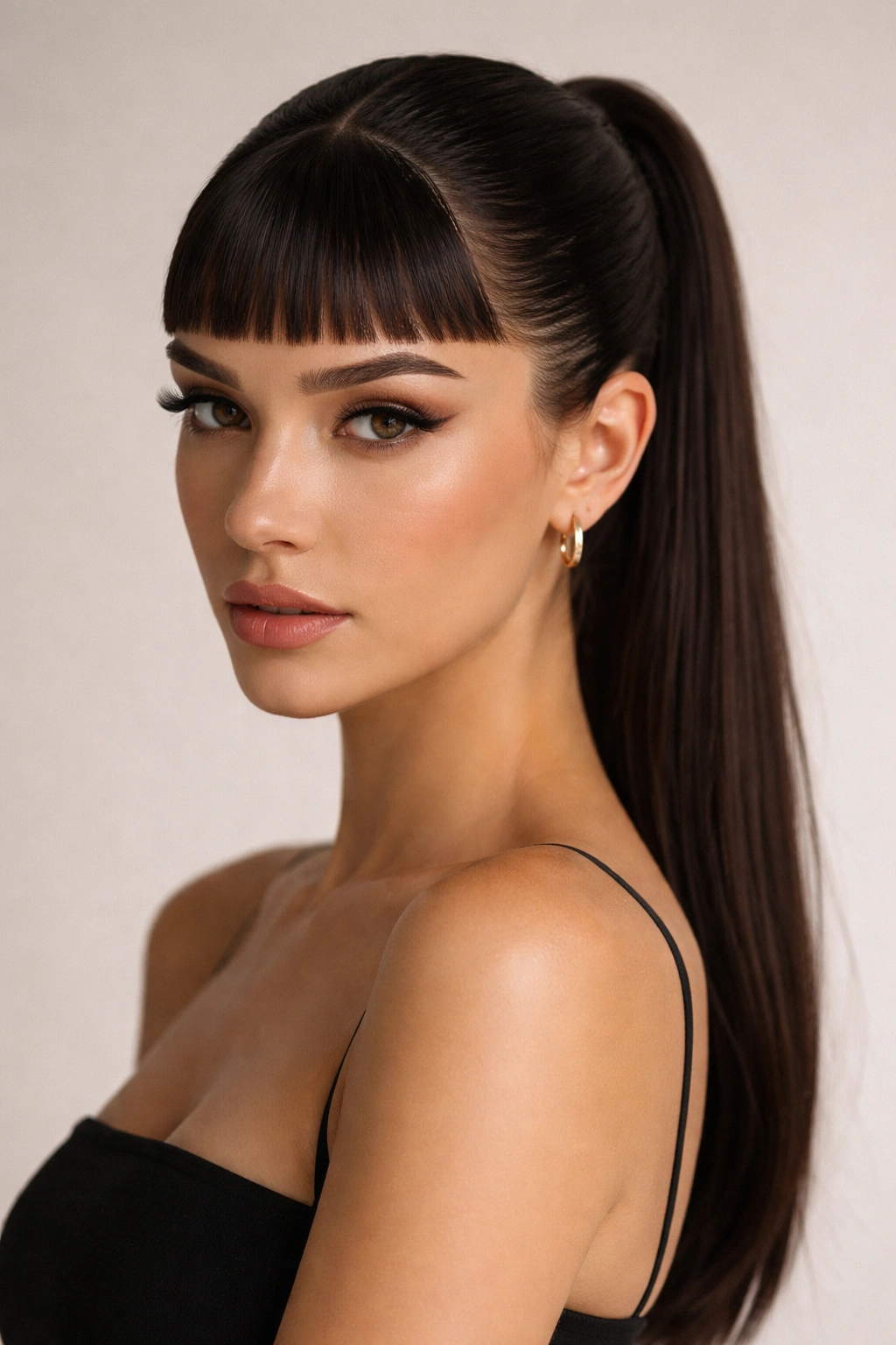 Micro bangs with a sleek center-parted ponytail showing bold lines