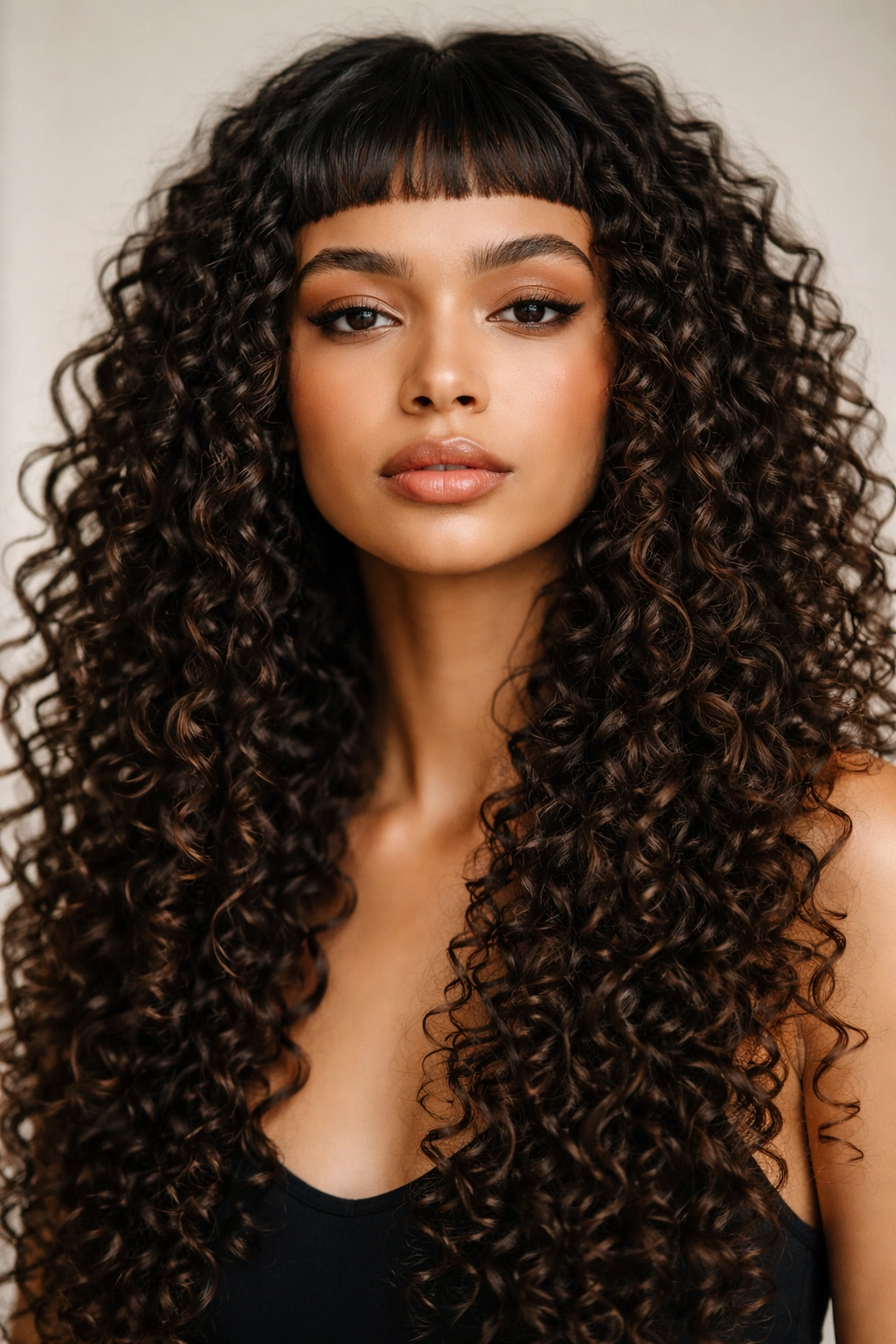 Close-up of micro bangs with defined coils on long hair