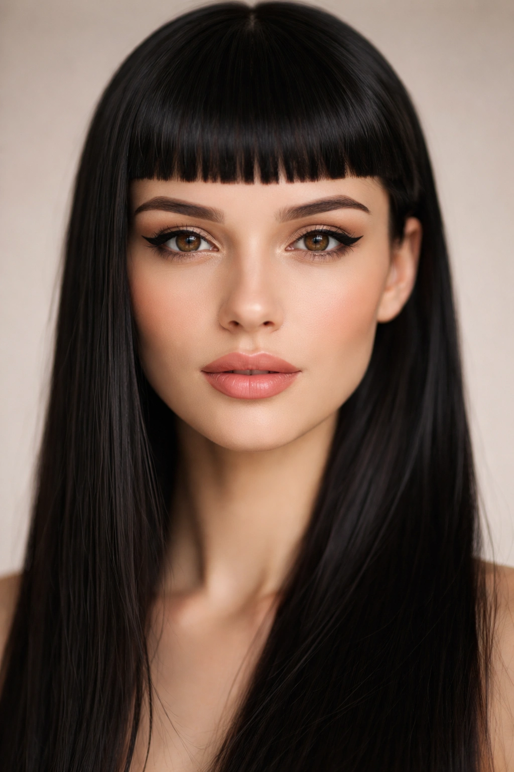 Close-up of micro bangs high on the forehead with dense fringe.