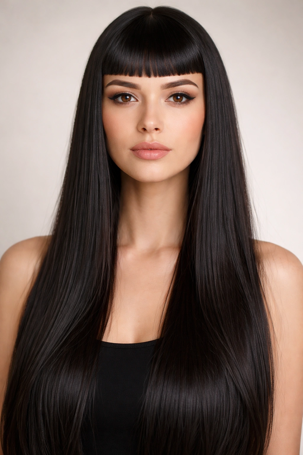 Close-up portrait showing micro bangs and long straight hair