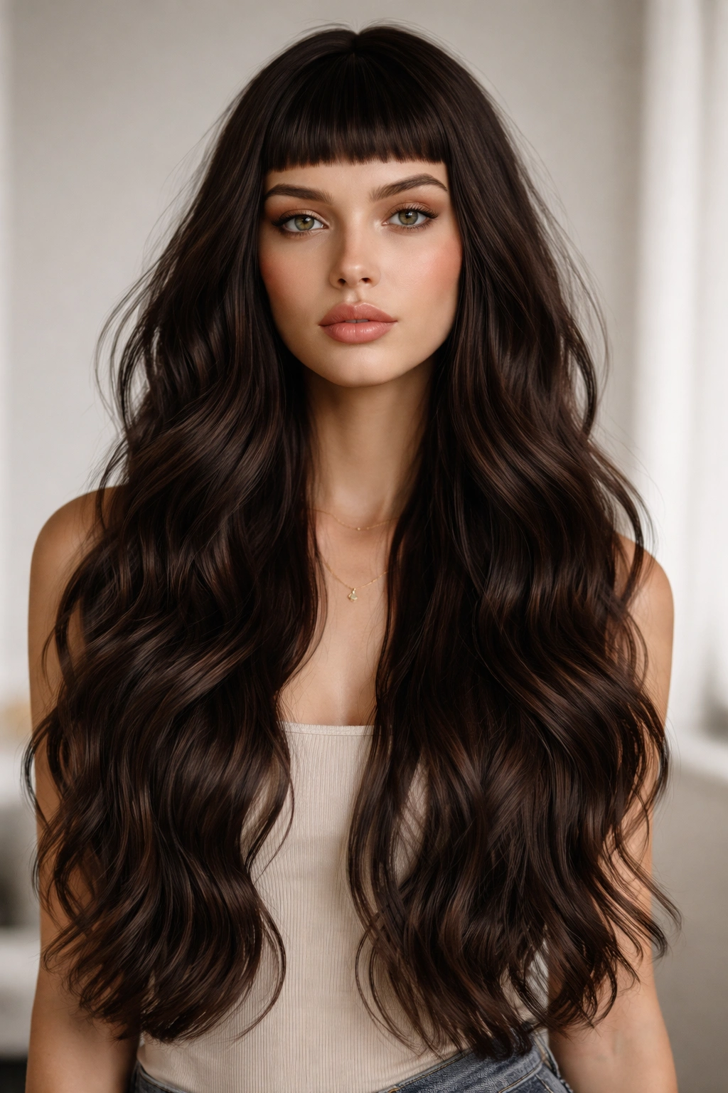 Model with micro-bangs and ultra-long wavy hair