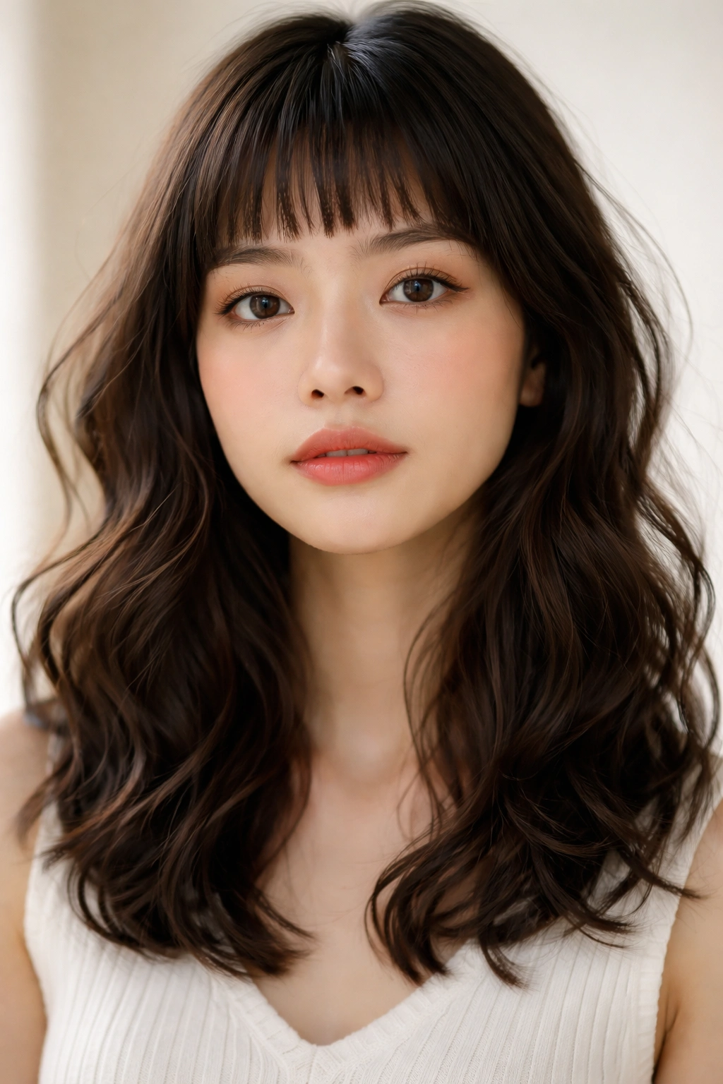 Close-up of a person with micro bangs and medium waves in studio lighting