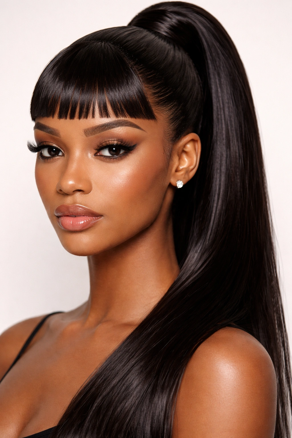 Close-up of micro bangs with a sleek, slicked weave ponytail showing precise edges.