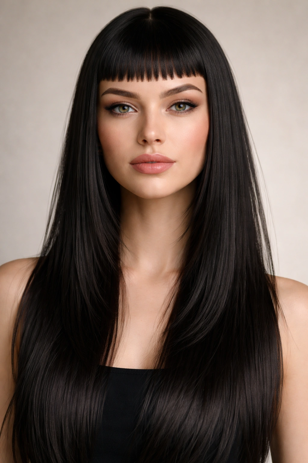 Ultra-short micro-bangs with long straight layered hair.