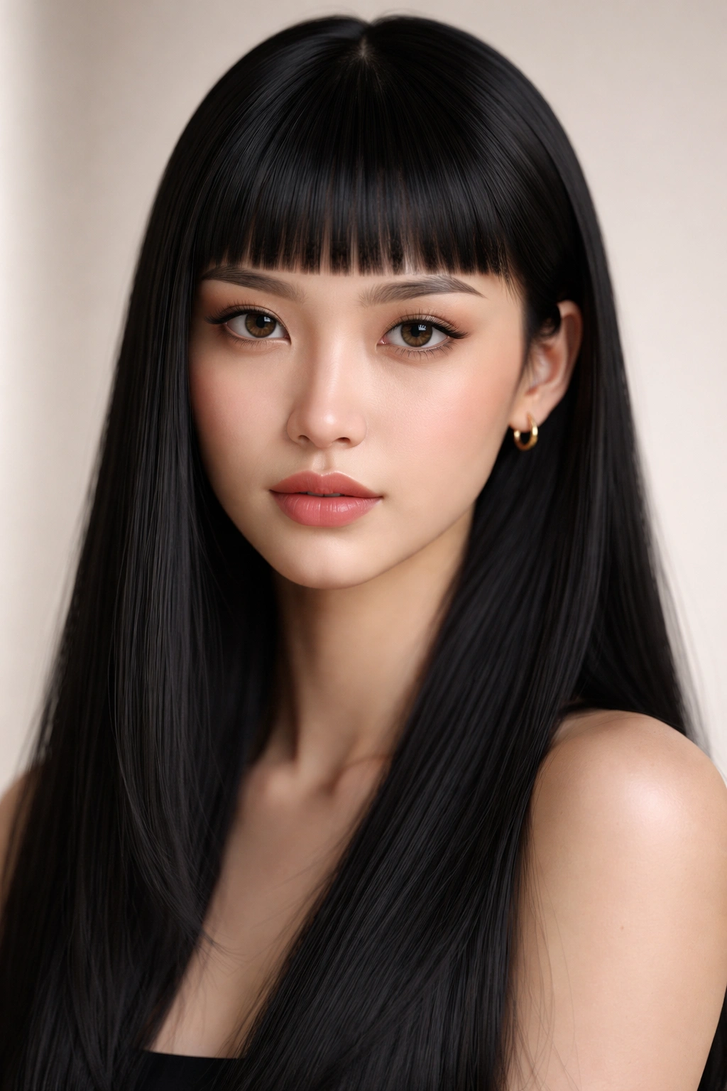 Close-up portrait of straight hair with high micro bangs framing the face