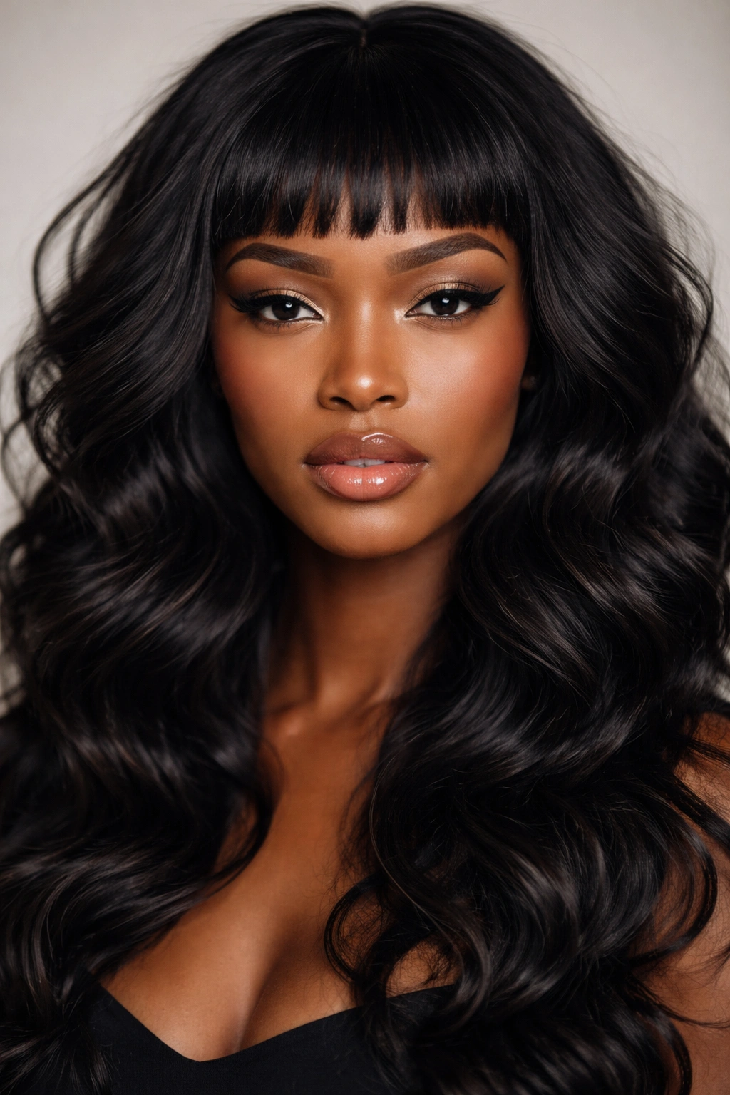 Close-up of micro bangs with high-volume waves on Black hair
