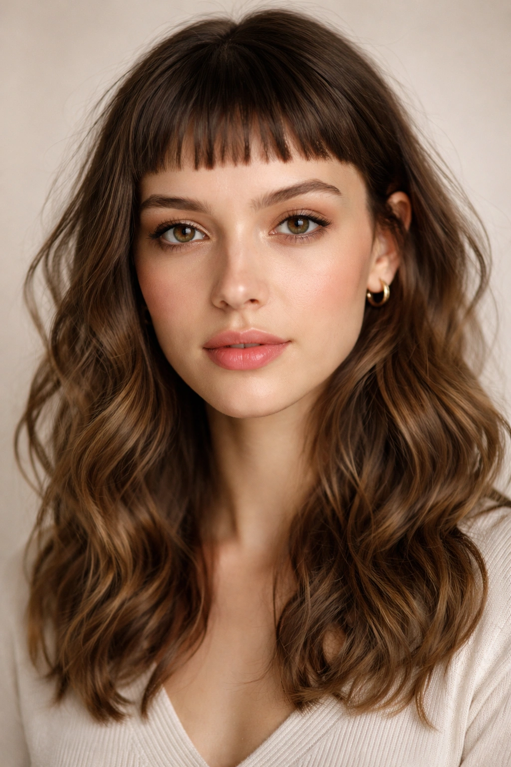 Close-up of micro bangs with soft waves framing the face, neutral backdrop