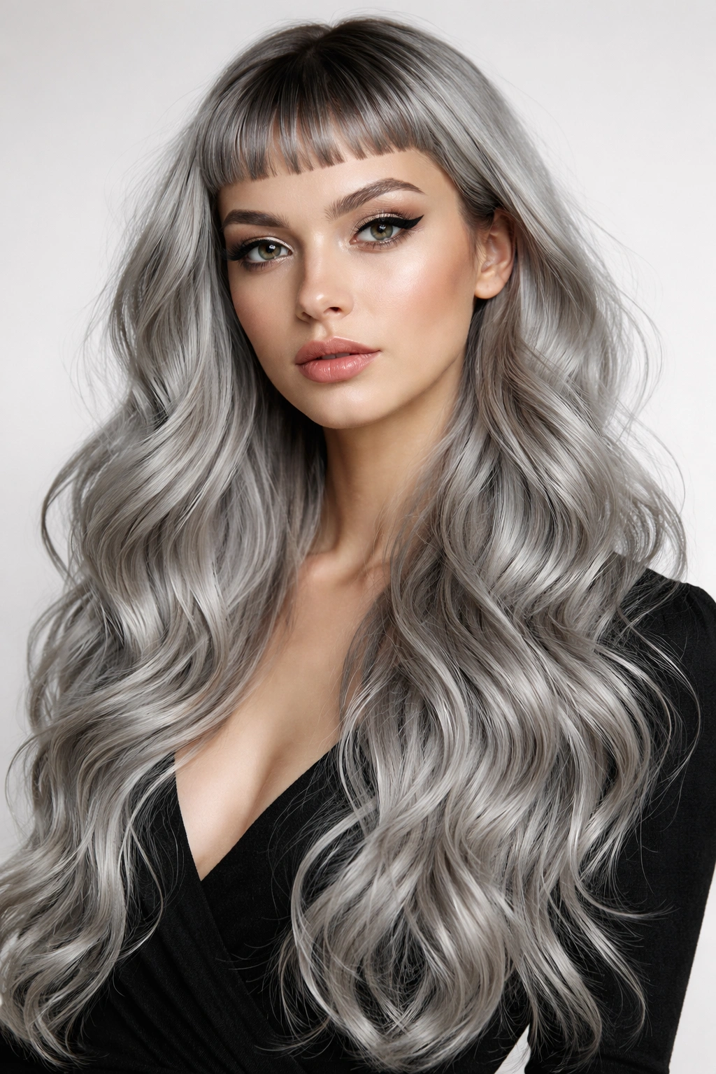 Silver hair with micro bangs and waves in a studio portrait