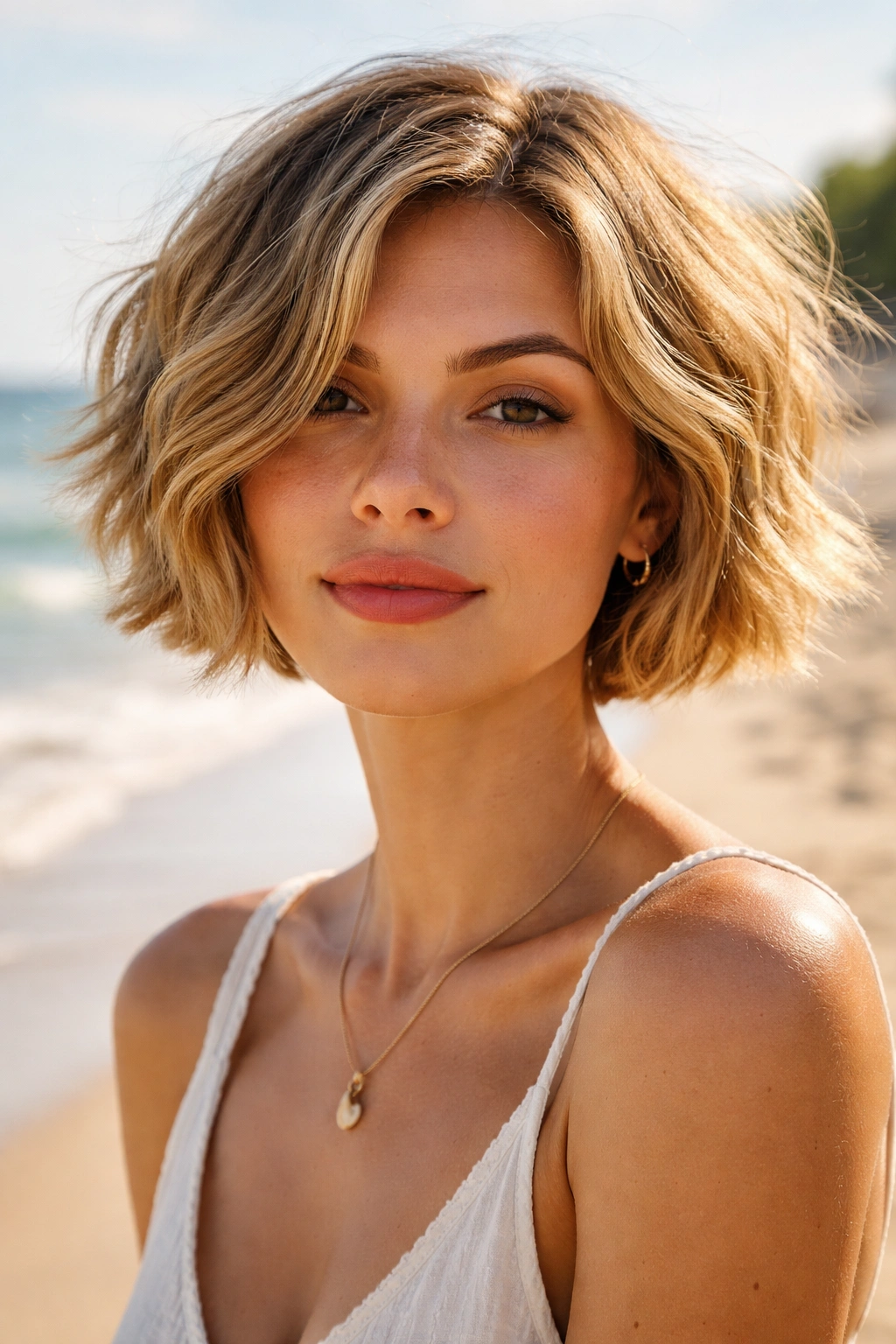 Close-up of micro bob with beach waves on a sunlit beach, short chic hairstyle.