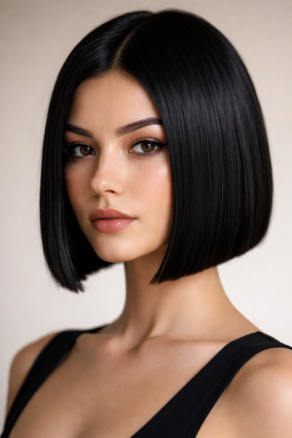 Jet-black micro bob with sharp lines framing the jaw