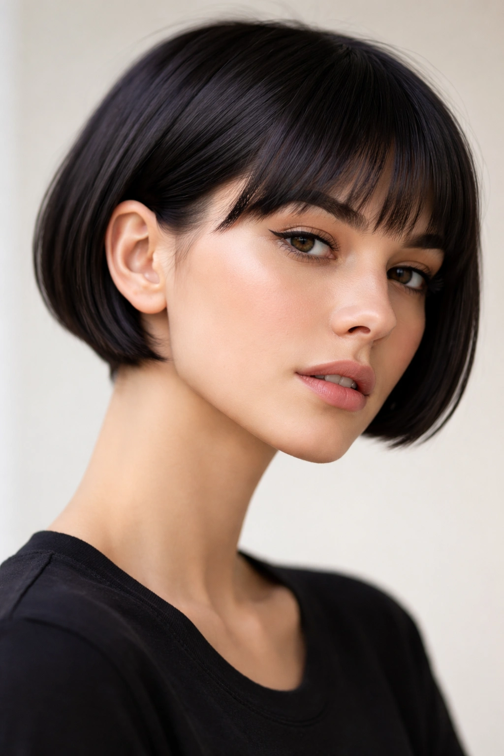 Close-up of micro bob at ear length with sleek straight hair