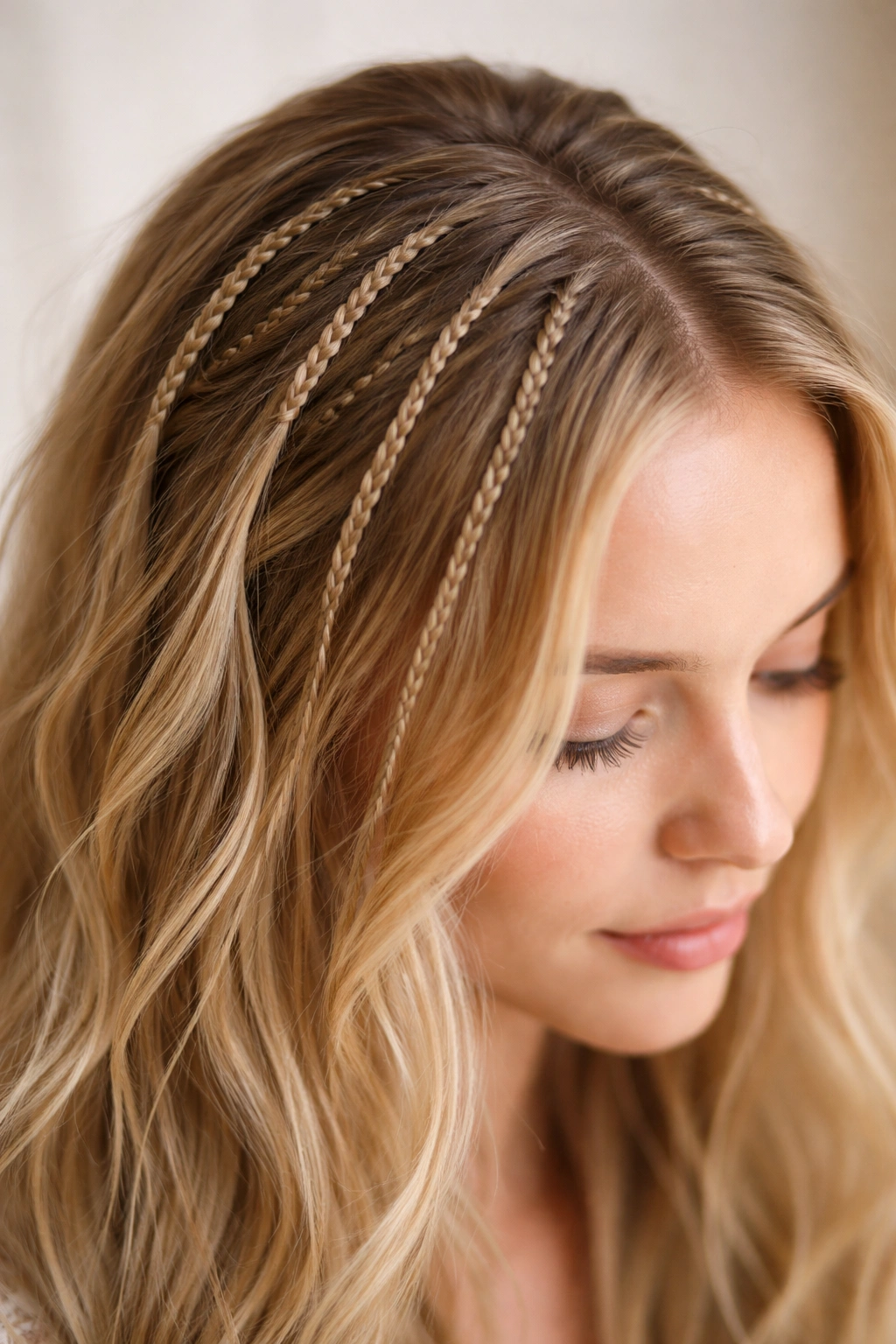 Multiple tiny micro-braids scattered across the upper head