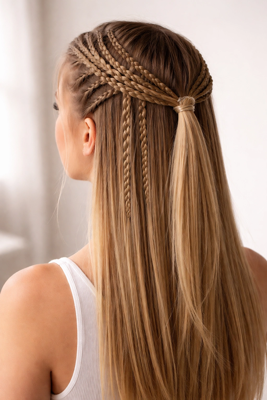 Multiple micro braids half-up on straight hair
