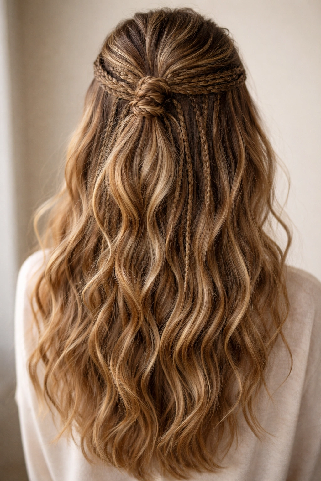 Back view of multiple micro-braids across the upper back with waves
