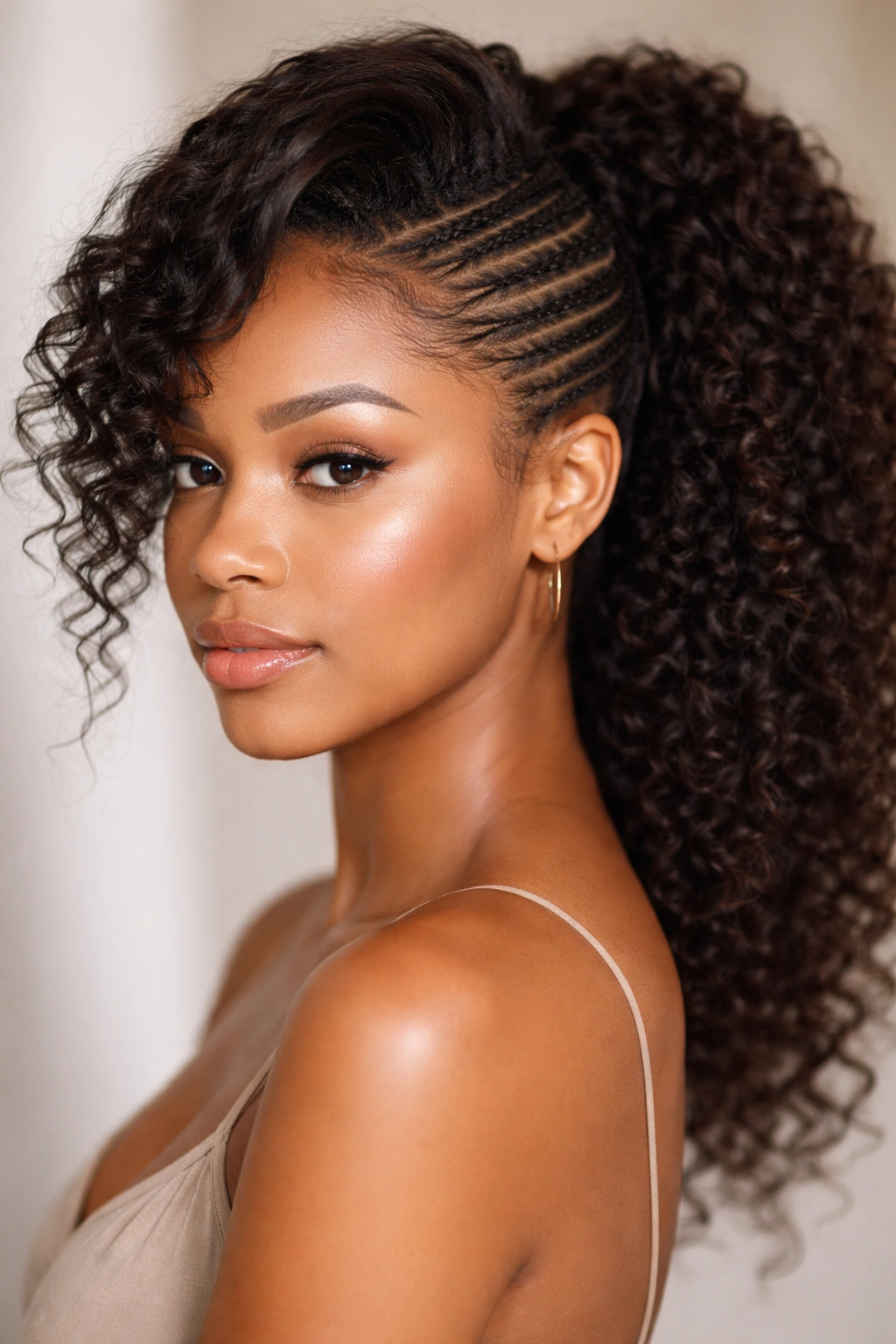 Portrait of a swoop with micro braids in curly hair