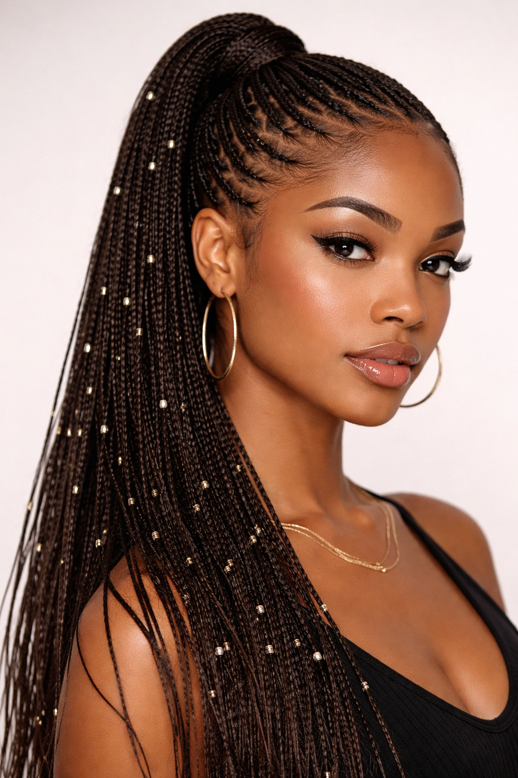 Micro braids into a ponytail with tiny metal beads