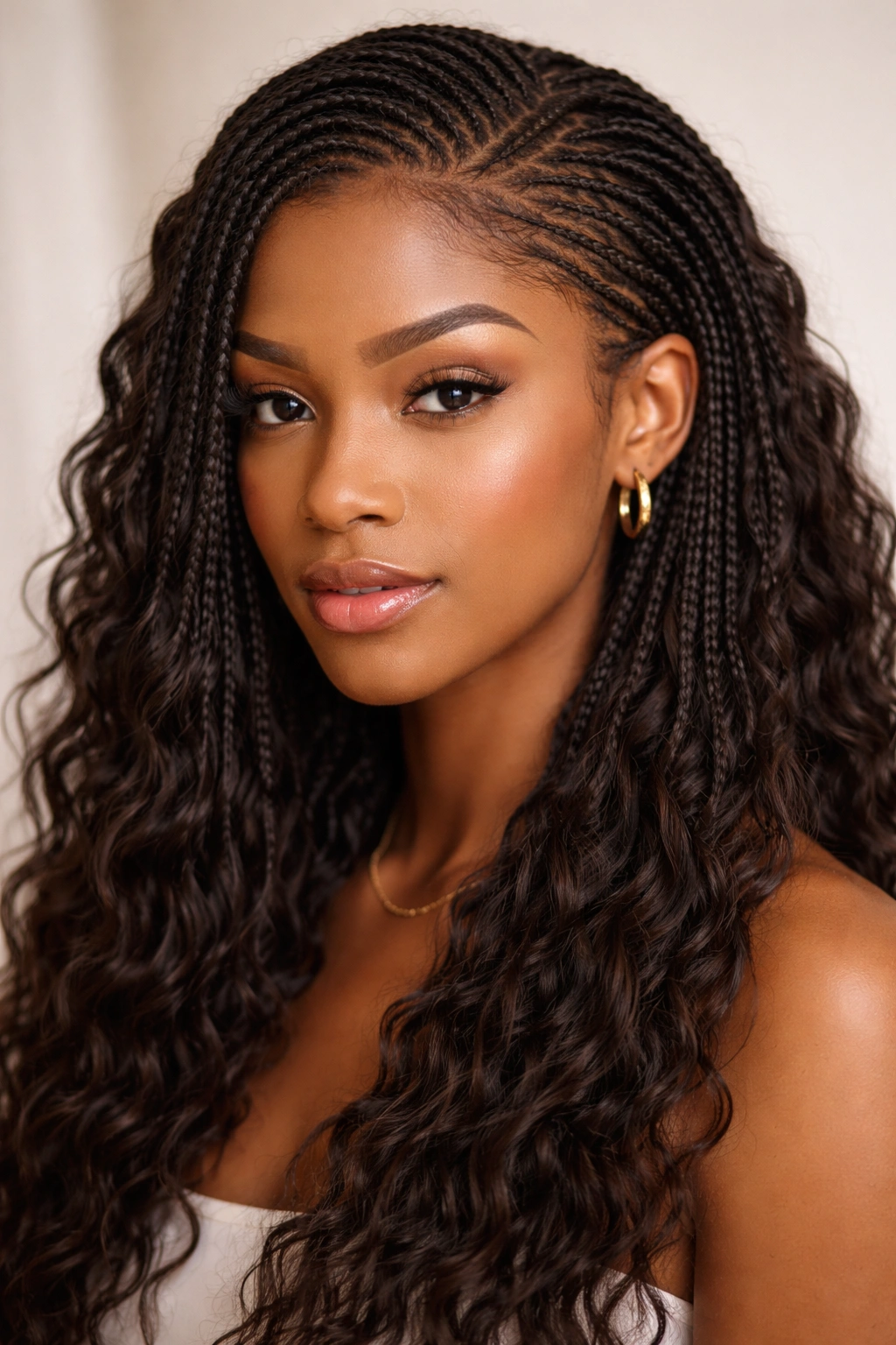 Ultra-fine micro braids on wavy hair, close-up