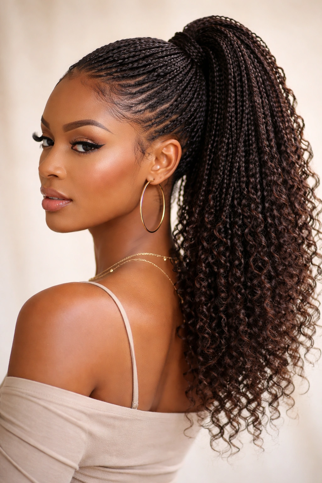 Highly textured micro braids forming a big voluminous ponytail