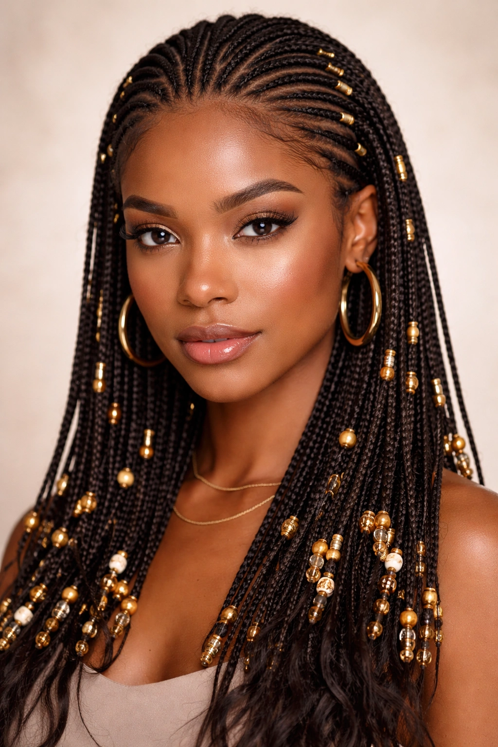 Close-up of micro cornrows with beads and gold cuffs along the scalp