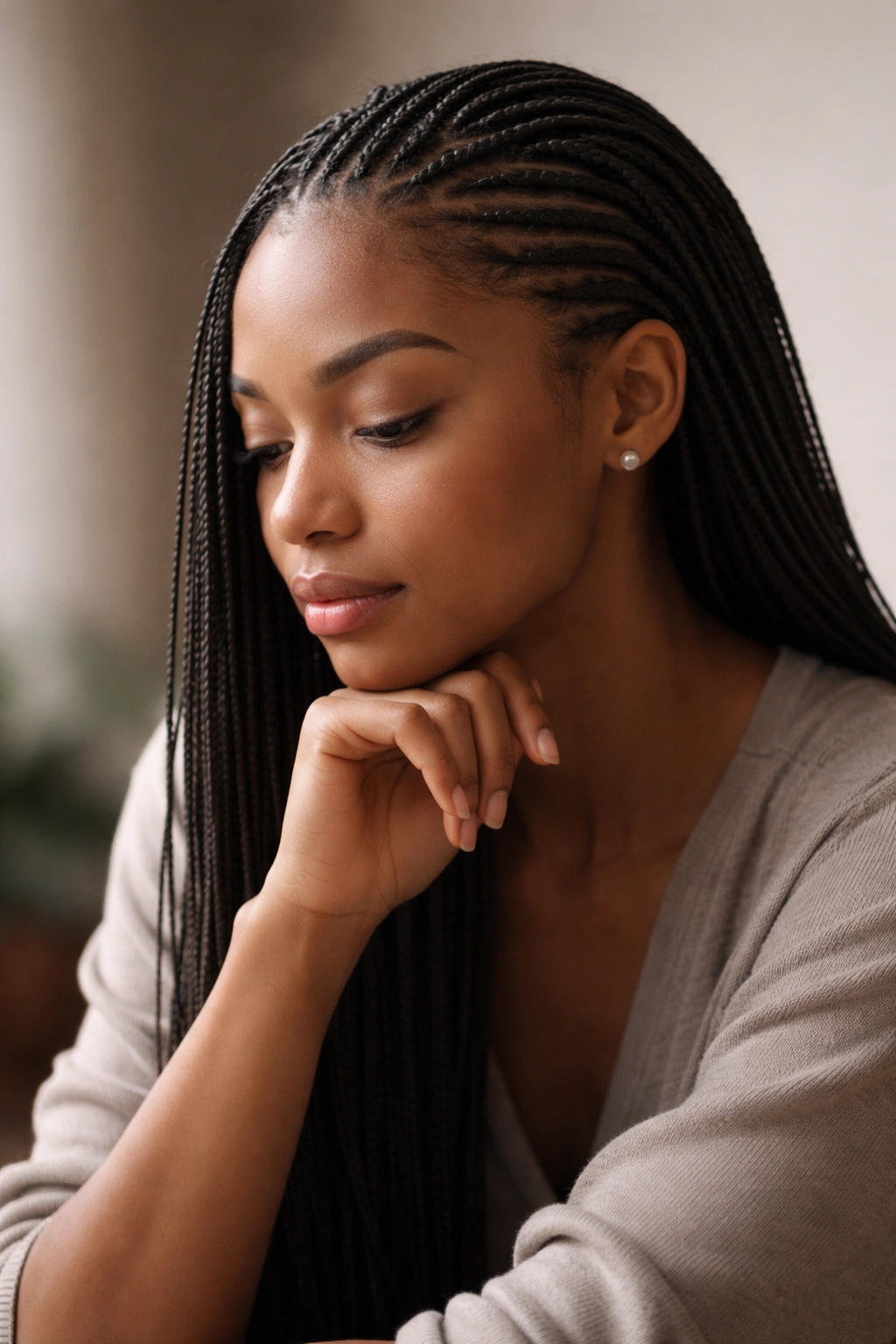 Portrait of a person with micro cornrows in a contemplative pose