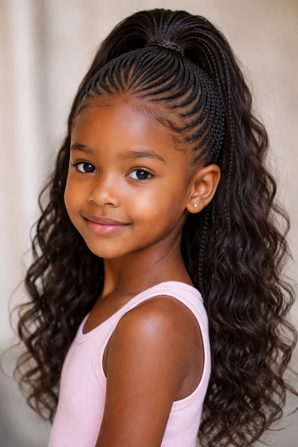 Close-up of many thin micro cornrows converging at the crown on a child's head