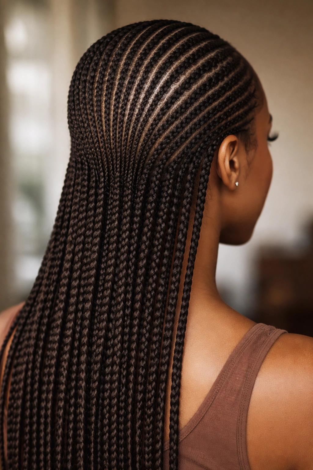 Close-up view of micro cornrows with ultra-thin delicate box braids on scalp
