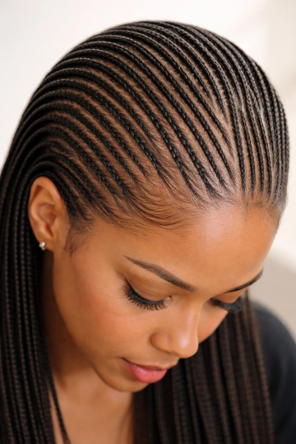 Close-up of numerous ultra-thin micro cornrows across the scalp