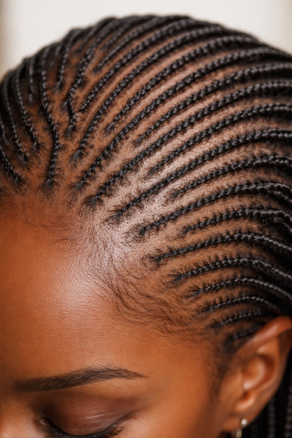 Macro close-up of scalp with micro cornrows spaced for low tension