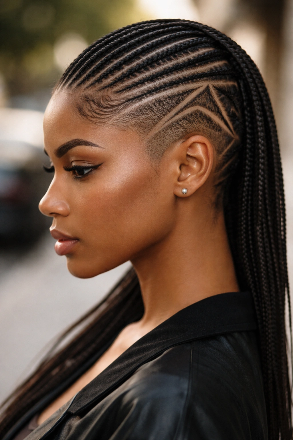 Close-up of micro cornrows with shaved sides and negative-space design on the scalp