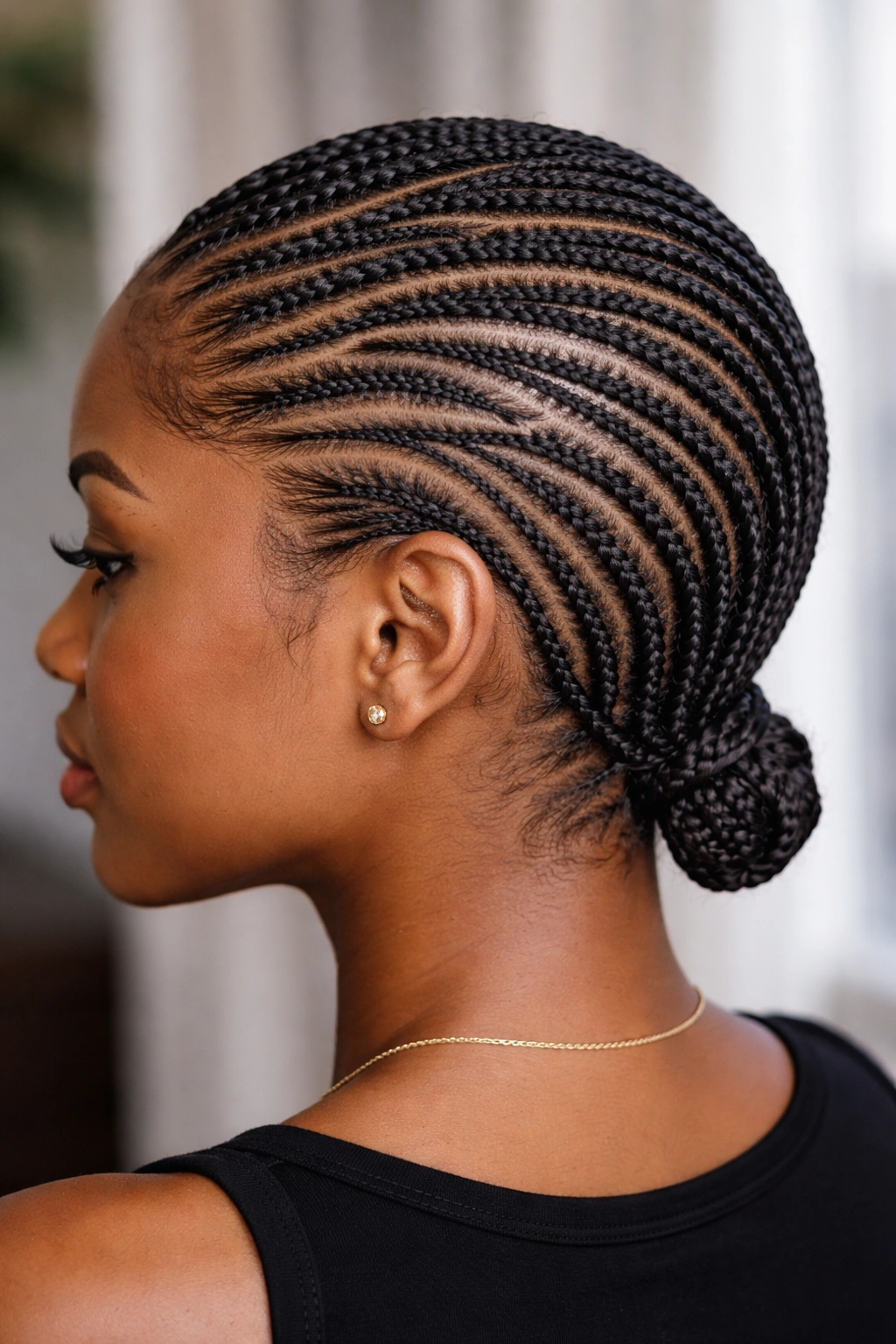 Full head of micro feed-in cornrows on short hair in intricate pattern