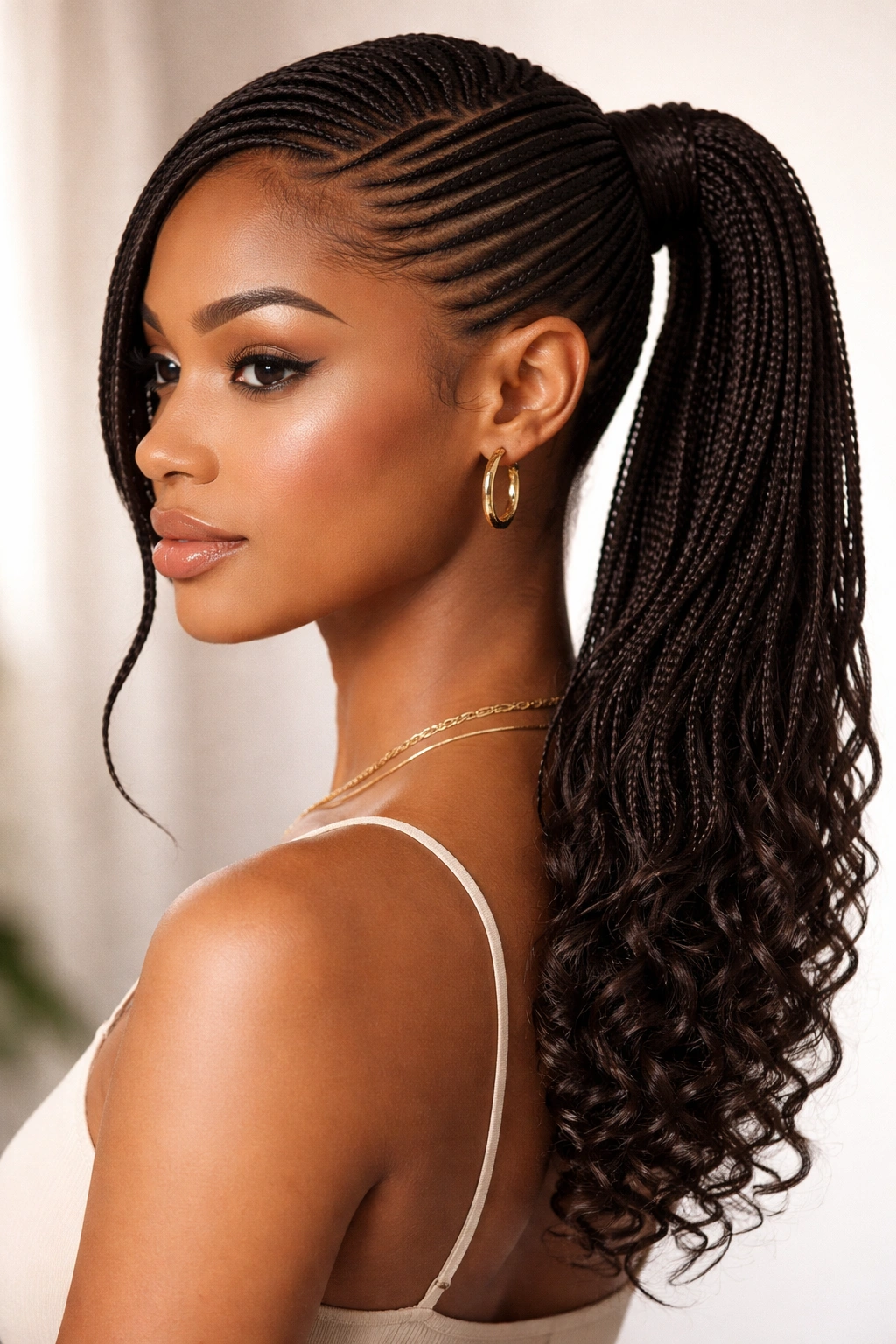 Side view of micro cornrows formed into a side ponytail