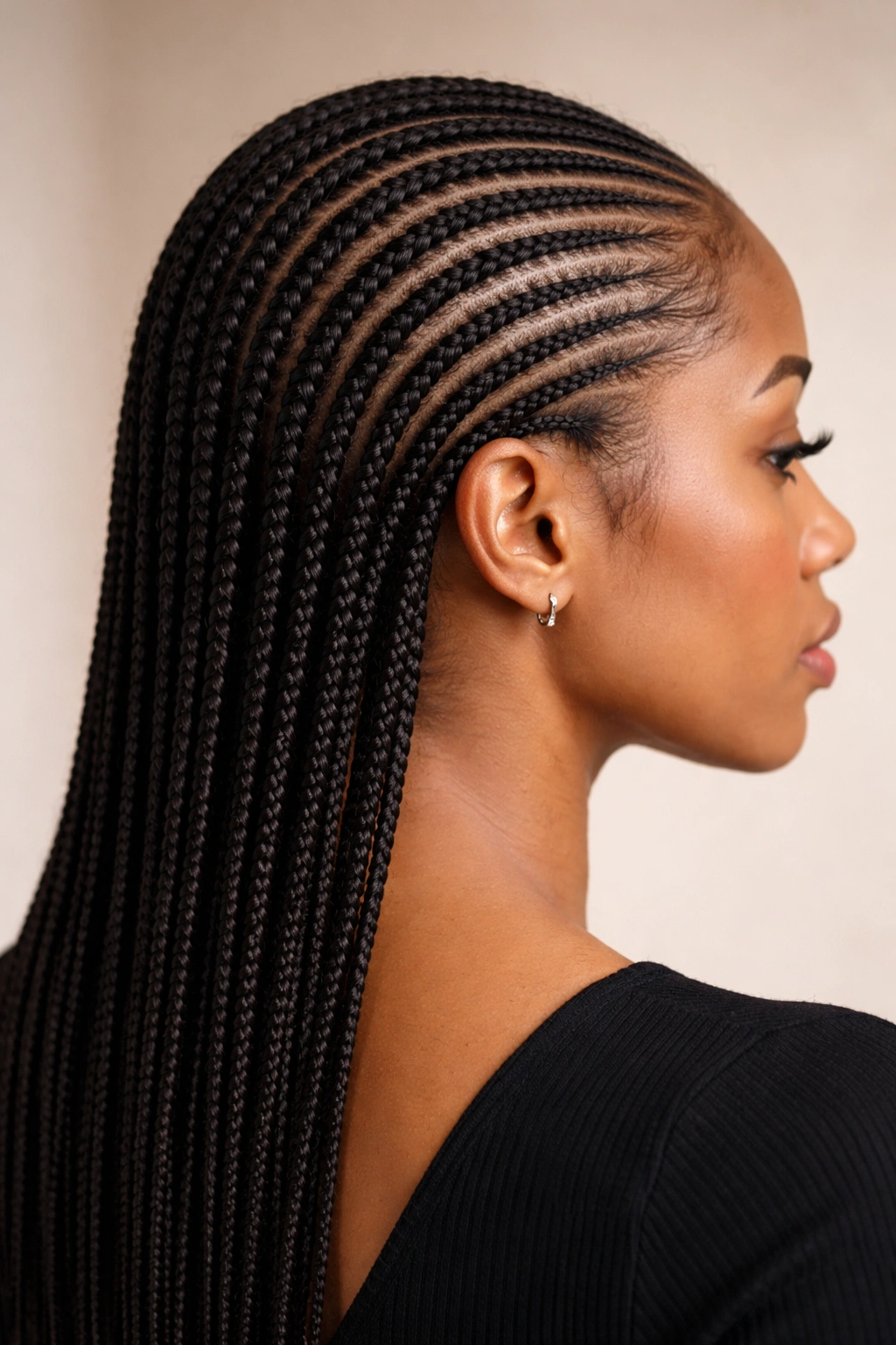 Close-up of straight-back micro cornrows with razor-sharp parts along the scalp