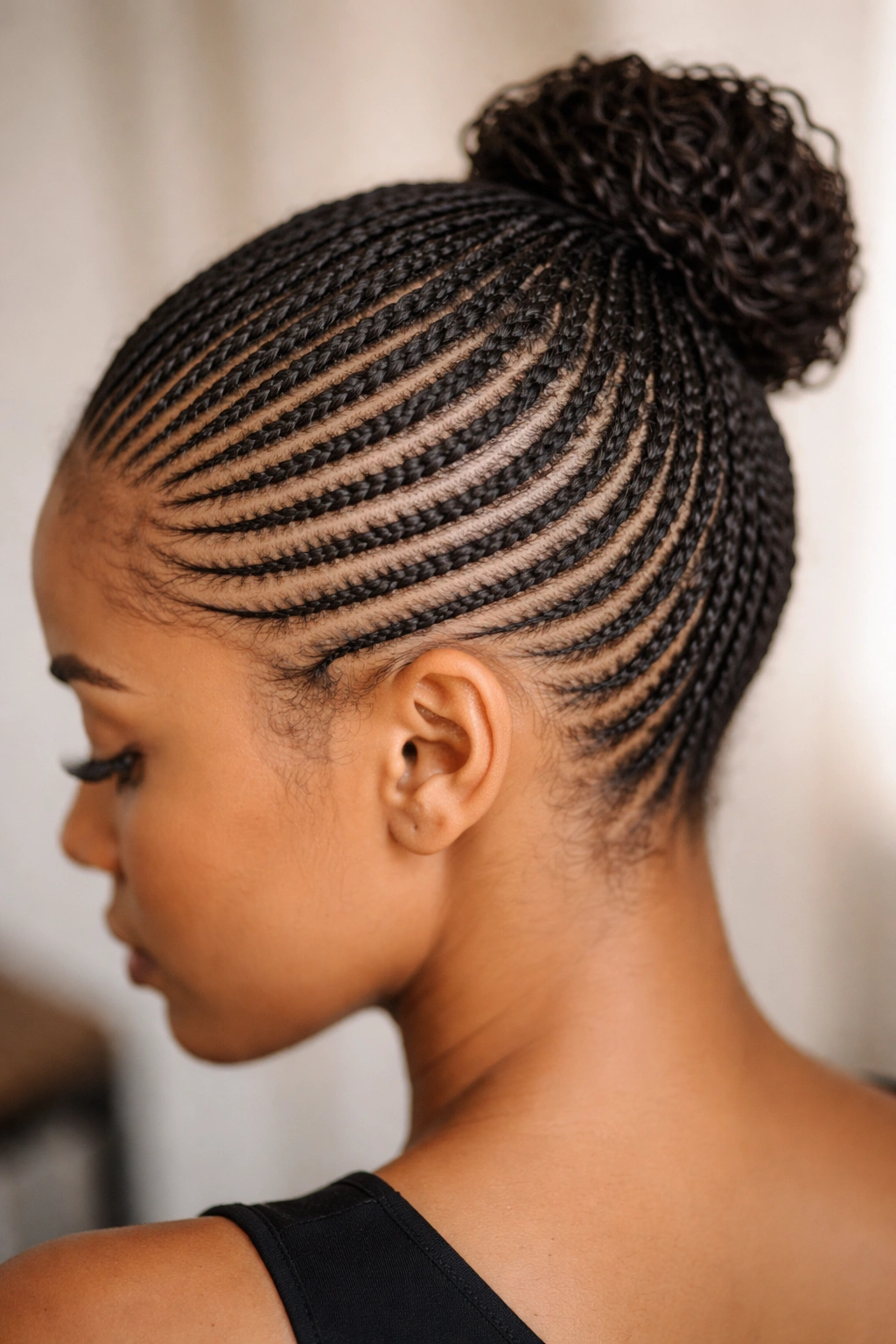Close-up of ultra-thin micro cornrows forming an undercut base on the scalp